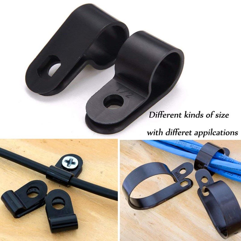 Orgrimmar 200 Pcs Black Nylon Plastic R-Type Cable Clamps 3/16" 1/4" 3/8" 1/2" 3/4" 1" Clips Fasteners Assortment for Cable Conduit - Image 3